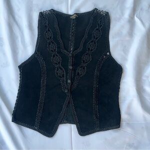 Western Gothic Black 100% Leather Crochet Trim Vest